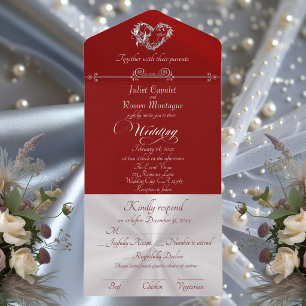 Invitación Todo En Uno Corazón Romántico y Caligrafía - Rojo/Plata