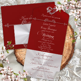 Invitación Todo En Uno Corazón Romántico y Caligrafía - Rojo/Plata