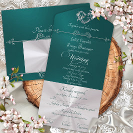 Invitación Todo En Uno Corazón romántico y caligrafía - Turquesa/Plata
