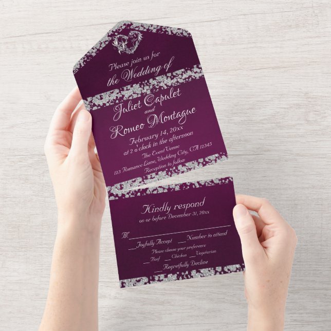 Invitación Todo En Uno Corazón romántico y Purpurina en ciruela (desgarro)