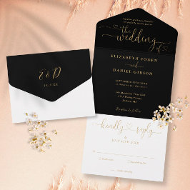 Invitación Todo En Uno Corazones De Guión Negro Y Oro Boda Al Minimalista