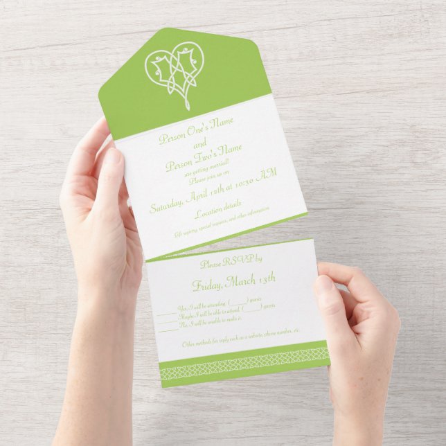 Invitación Todo En Uno Corazones de tejer celta en Peridot (desgarro)