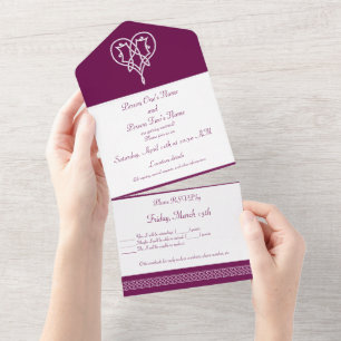 Invitación Todo En Uno Corazones de Tejido Celta en Vino