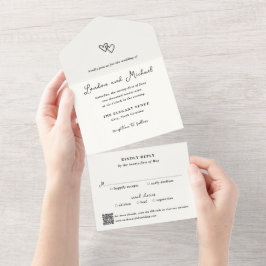 Invitación Todo En Uno Corazones Dibujados a Mano Código QR Bodas Moderna