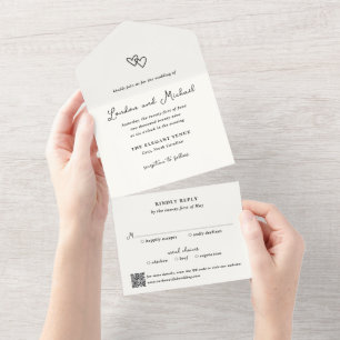 Invitación Todo En Uno Corazones Dibujados a Mano Código QR Bodas Moderna