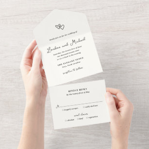 Invitación Todo En Uno Corazones Dibujados a Mano Doodle Boda Moderna