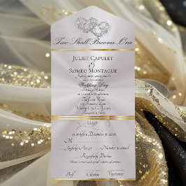 Invitación Todo En Uno Corazones Dobles - Perla Blanca/Plata