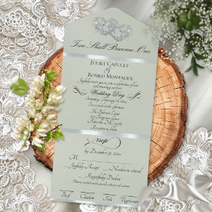 Invitación Todo En Uno Corazones Dobles Románticos - Salvia/Plata