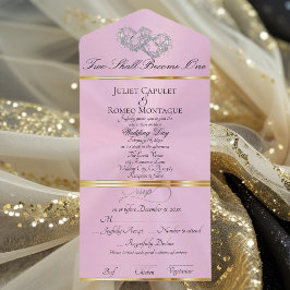 Invitación Todo En Uno Corazones Dobles - Rosa Pastel/Plateado