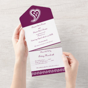 Invitación Todo En Uno Corazones Dulces de Paisley en Vino