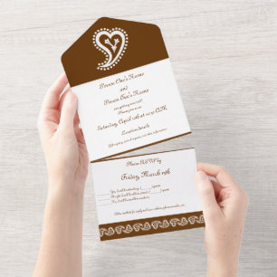 Invitación Todo En Uno Corazones dulces paisley en chocolate