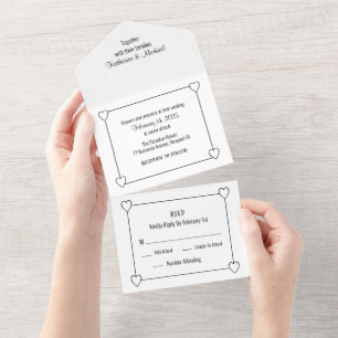 Invitación Todo En Uno Corazones románticos minimalistas en blanco y negr