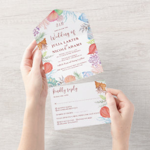 Invitación Todo En Uno Corona de boda de conchas marinas del océano de pl