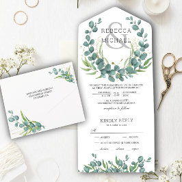 Invitación Todo En Uno Corona de boda de verde rústico moderno con eucali