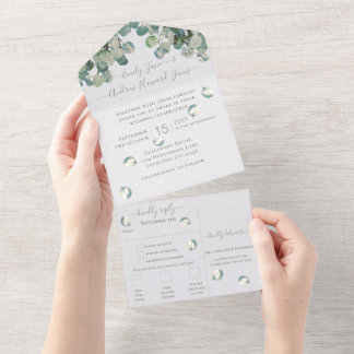 Invitación Todo En Uno Corona de Eucalipto Hojas Boda Todo En Uno En