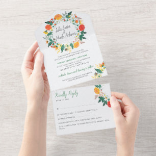 Invitación Todo En Uno Corona de flores silvestres de dalia de primavera 