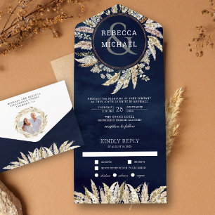 Invitación Todo En Uno Corona de hierba Pampas Boho rústica boda azul mar