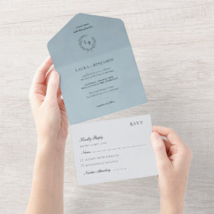 Invitación Todo En Uno Corona de laurel de terciopelo azul boda minimalis