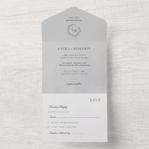 Invitación Todo En Uno Corona de laurel de terciopelo gris boda minimalis