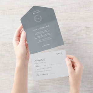 Invitación Todo En Uno Corona de Laurel Minimalista de Terciopelo Gris Os