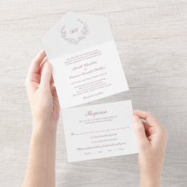 Invitación Todo En Uno Corona de Malva Monograma Boda Elegante
