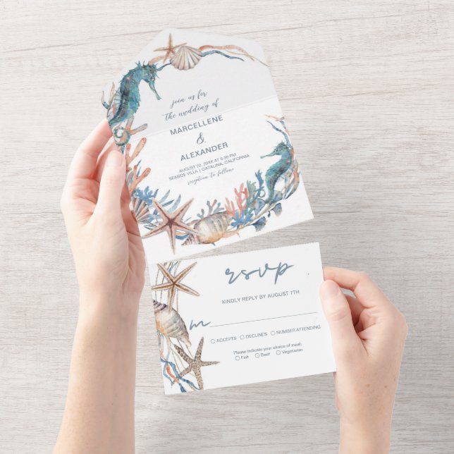 Invitación Todo En Uno Corona de Mar | Caballito de Mar y Conchas de Play (desgarro)