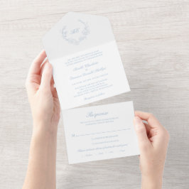 Invitación Todo En Uno Corona de monograma de boda elegante azul polvorie