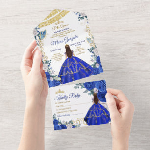 Invitación Todo En Uno Corona de Oro Quinceañera Cumpleaños 16 Royal Blue