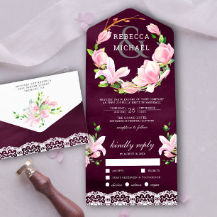 Invitación Todo En Uno Corona floral de magnolia rosa para boda de ciruel