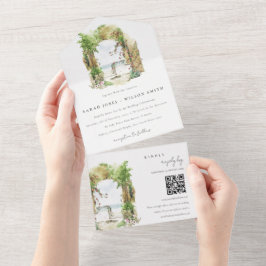 Invitación Todo En Uno Costero Floral Arch Beach Seascape Boda QR Código