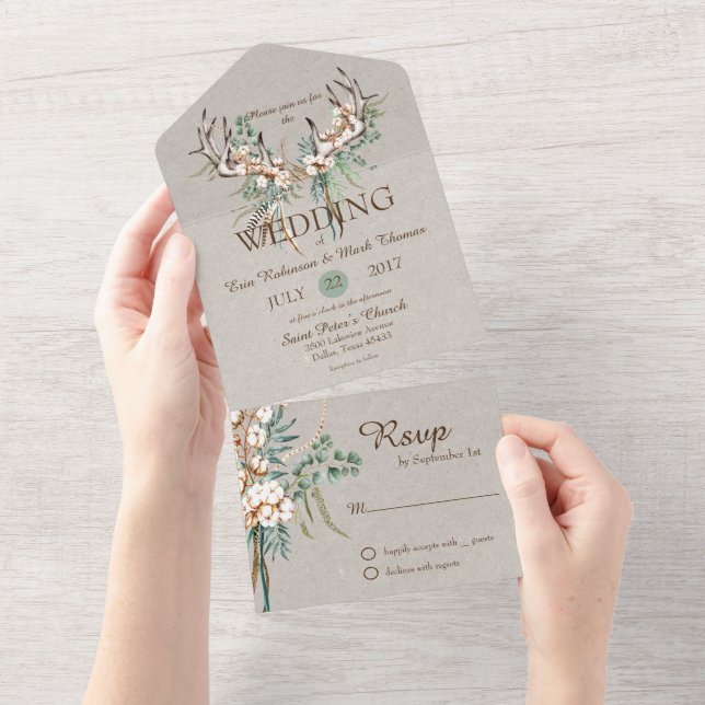 Invitación Todo En Uno Cotton Antler Boho Boda (desgarro)