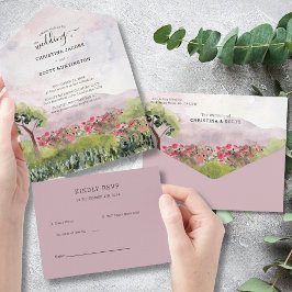 Invitación Todo En Uno Country Meadow Dusty Rosa Boda de acuarela
