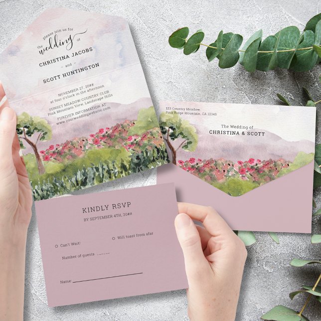 Invitación Todo En Uno Country Meadow Dusty Rosa Boda de acuarela (Subido por el creador)
