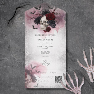Invitación Todo En Uno Cráneo gótico negro y borgoña y código QR para mur
