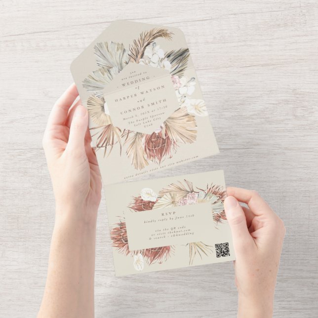 Invitación Todo En Uno Cream Beige Pampas Grasa Seca Boda de CÓDIGO QR (desgarro)