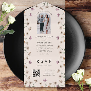Invitación Todo En Uno Cream Beige Wildflowers Arch, foto de QR Code Boda