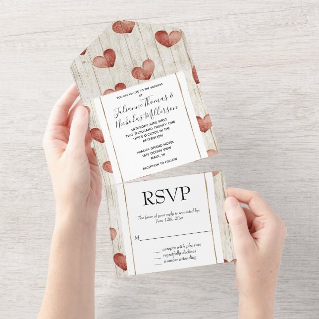 Invitación Todo En Uno Cream Red Romantic Hearts Boda (desgarro)