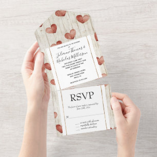 Invitación Todo En Uno Cream Red Romantic Hearts Boda