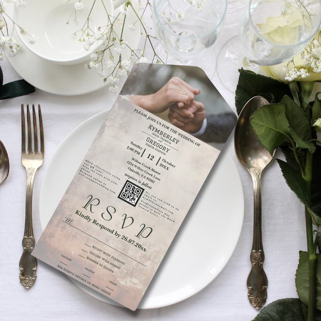 Invitación Todo En Uno Cream Weathered Whitewash Textura Código QR Foto (Subido por el creador)