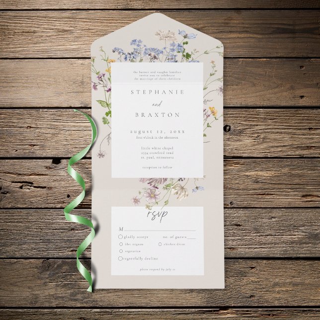 Invitación Todo En Uno Cream Wildflower Garden Elegant Wedding (Cream Wildflower Garden Elegant Wedding Dinner All In One Invitation)