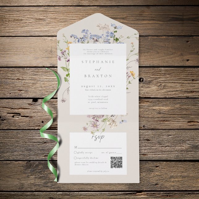 Invitación Todo En Uno Cream Wildflower Garden Elegant Wedding QR (Cream Wildflower Garden Elegant Wedding QR All In One Invitation)