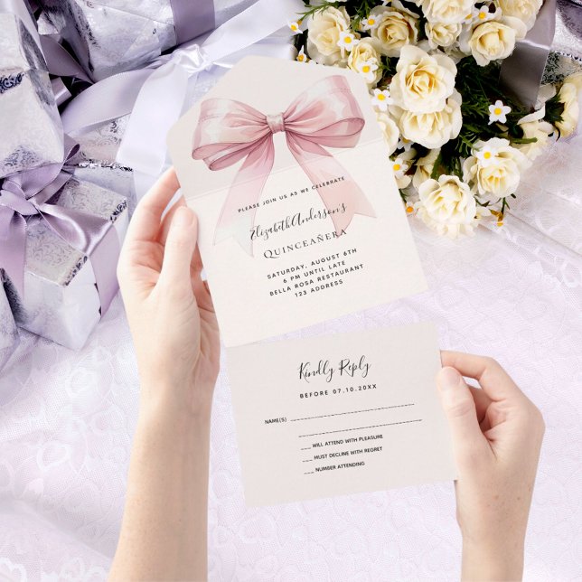 Invitación Todo En Uno Crema beige rosa de vaca Quinceanera rsvp (Subido por el creador)