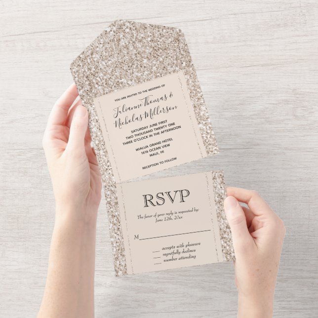 Invitación Todo En Uno Crema Blanca Glitzy Brillo (desgarro)