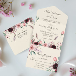 Invitación Todo En Uno Crema de Rosas florales rosas y borgoñonas de Rubo