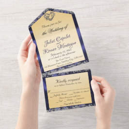 Invitación Todo En Uno Crema elegante, cinta azul y aguja