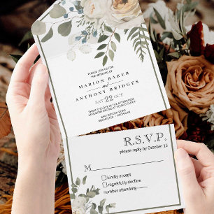 Invitación Todo En Uno Crema floral de Rosas blancos Boda de verde