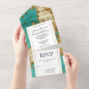 Invitación Todo En Uno Crema marrón turquesa Piel de vaca animal occident