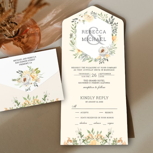 Invitación Todo En Uno Crema Rusa De Agua Suave Peach Floral Boda (Subido por el creador)