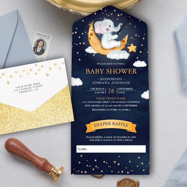 Invitación Todo En Uno Crescent Moon Stars Elephant Navy Baby Shower azul (Subido por el creador)