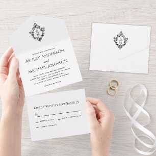 Invitación Todo En Uno Crest de Boda Monograma Vintage Negro y Blanco RSV